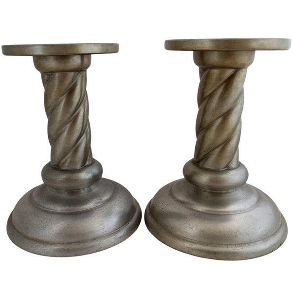 Vintage Savo Tinn pewter candle holders, Nordic brutalist design, twisted foot, 5.5 inches tall