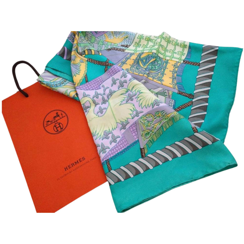 Rare Hermès Étendards et Bannières silk scarf by Annie Faivre, vintage 1984, blue/green