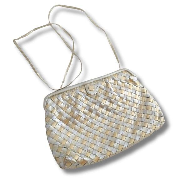 Morris Moskowitz Metallic Leather Woven Shoulder Bag 80s Small Crossbody Clutch, Silver & Gold, Pop-Open Frame, High-Quality Design