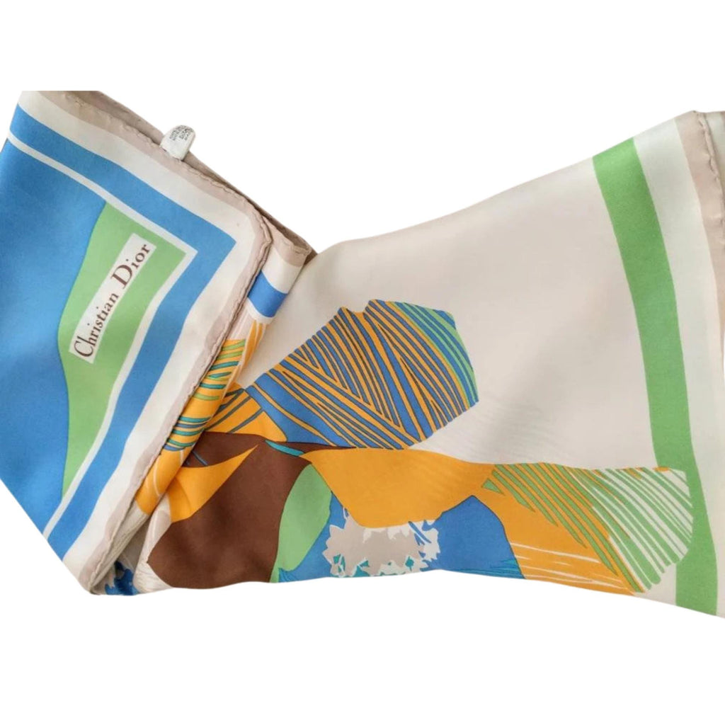 Christian Dior Vintage Silk Scarf – 1980s Floral Square Scarf, Blue & Cream Headscarf, Luxury Gift for Her