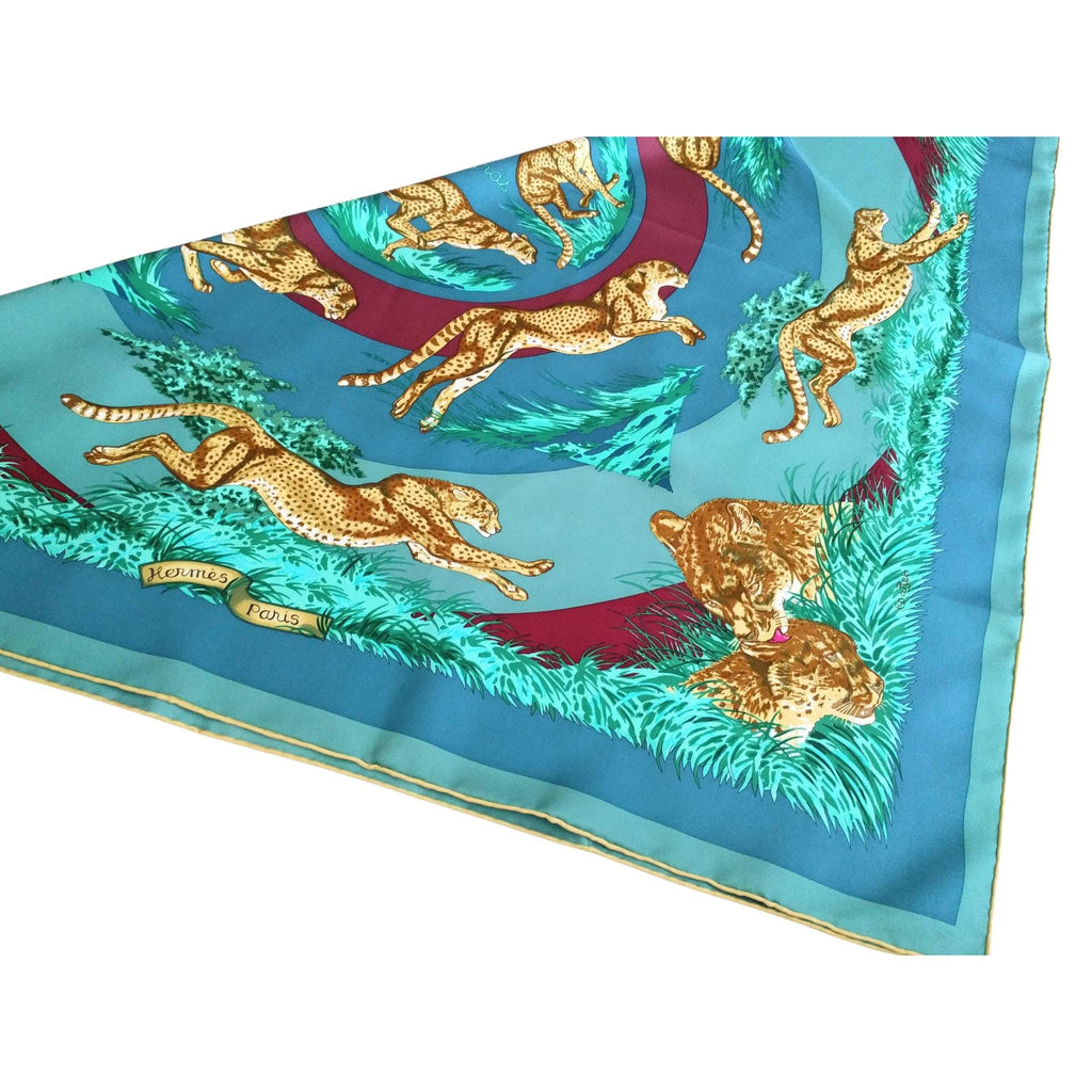 Hermès Guepards scarf with hand-rolled hems, wildlife design, made in France