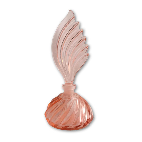 Vintage 1960s pink glass perfume bottle with feather-style stopper, 7-inch - Mid-century glass perfume bottle