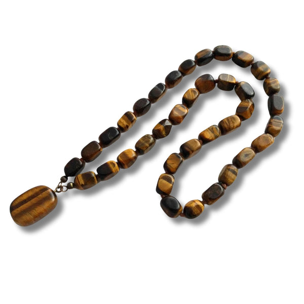 Vintage tiger’s eye beaded necklace, polished gemstones, 23-inch strand with pendant - Earth-tone gemstone necklace