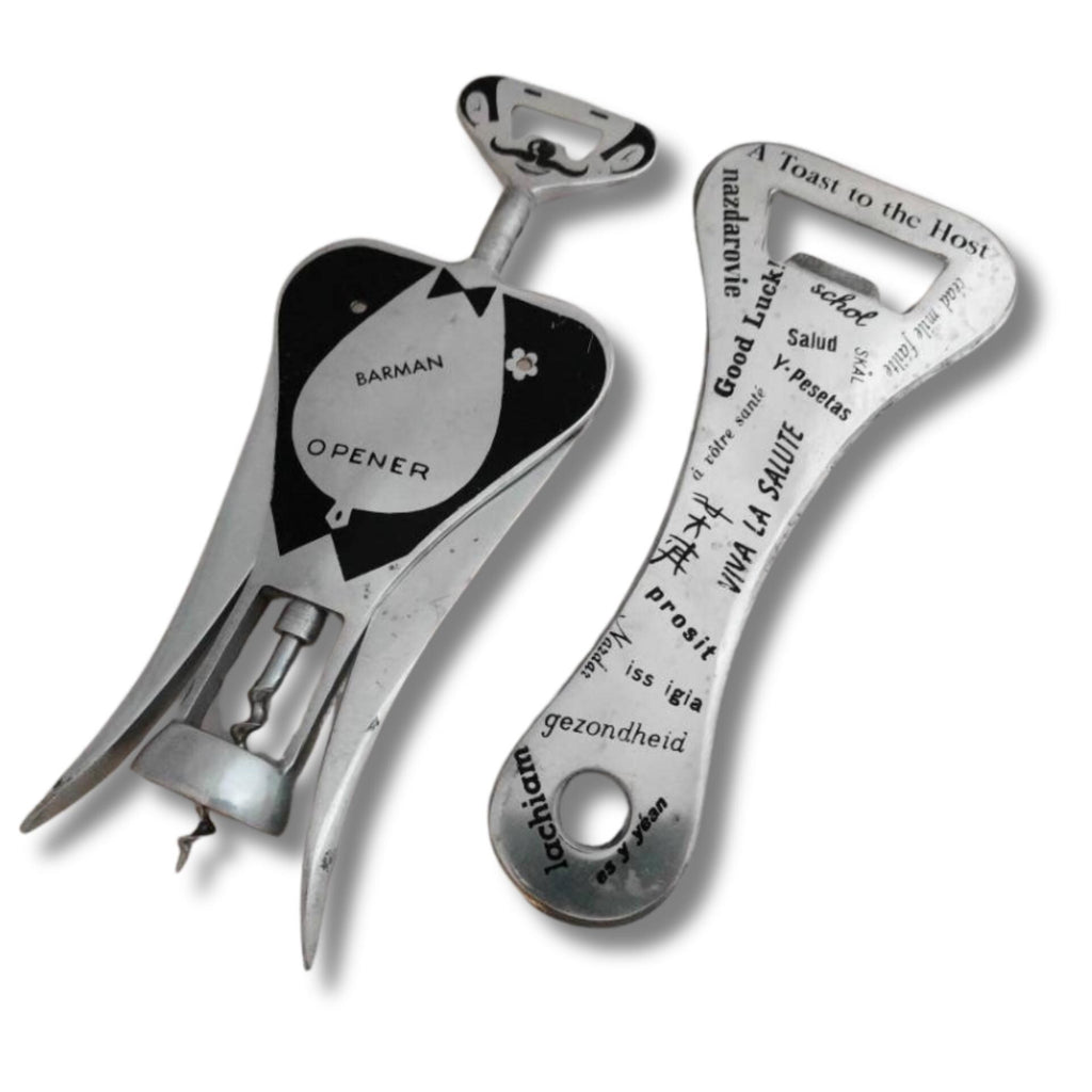 1950s Italian barware set, Carlo Gemelli corkscrew and cap lifter, mustached barman design