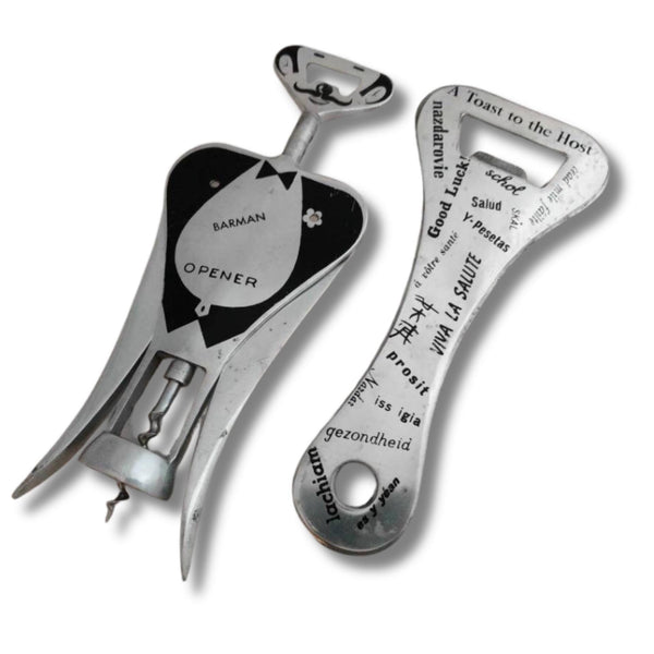 1950s Italian barware set, Carlo Gemelli corkscrew and cap lifter, mustached barman design