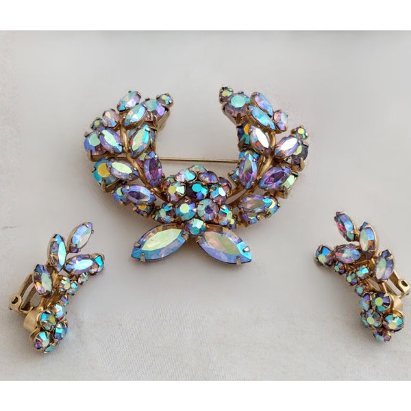 Vintage Sherman jewelry set, blue rhinestone brooch and earrings, prong set, signed, aurora borealis