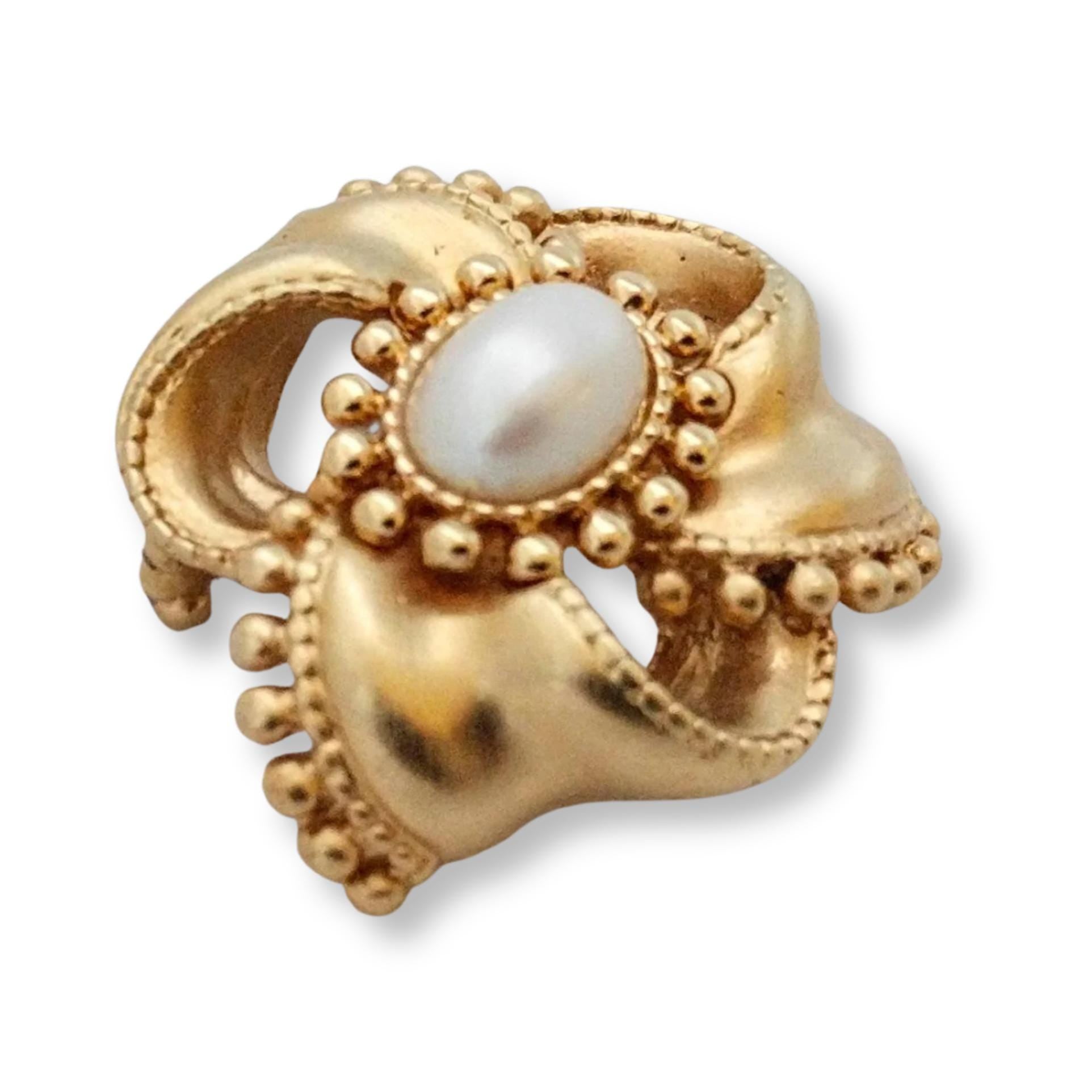 Luxury vintage DKNY brooch, gold floral pin with faux pearl centerpiece
