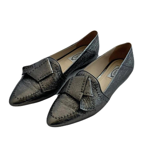 TODS leather ballet flats, metallic silver with studded bow