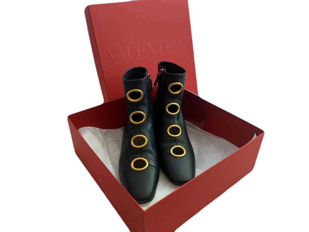 Valentino leather boots with gold-tone eyelet details, pre-loved designer shoes