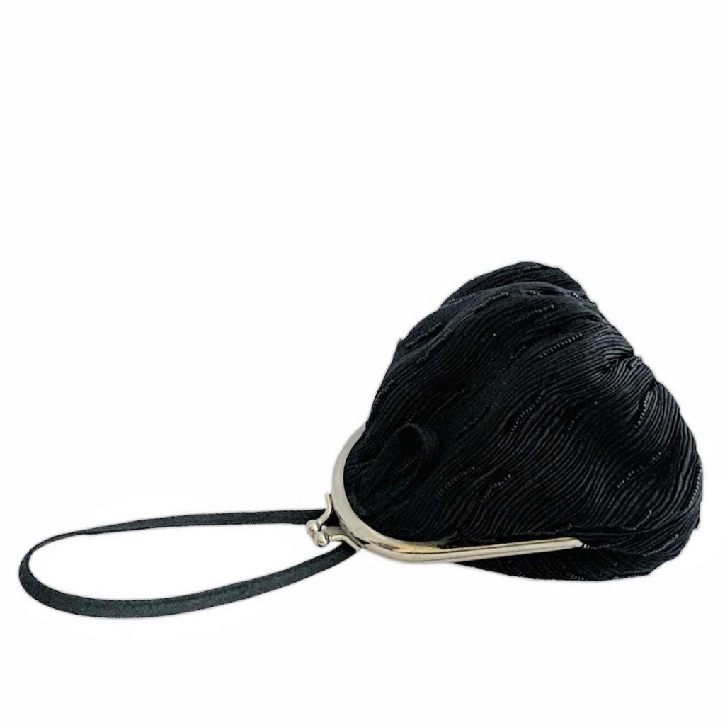Black beaded evening clutch with silver-tone metal frame and wristlet loop
