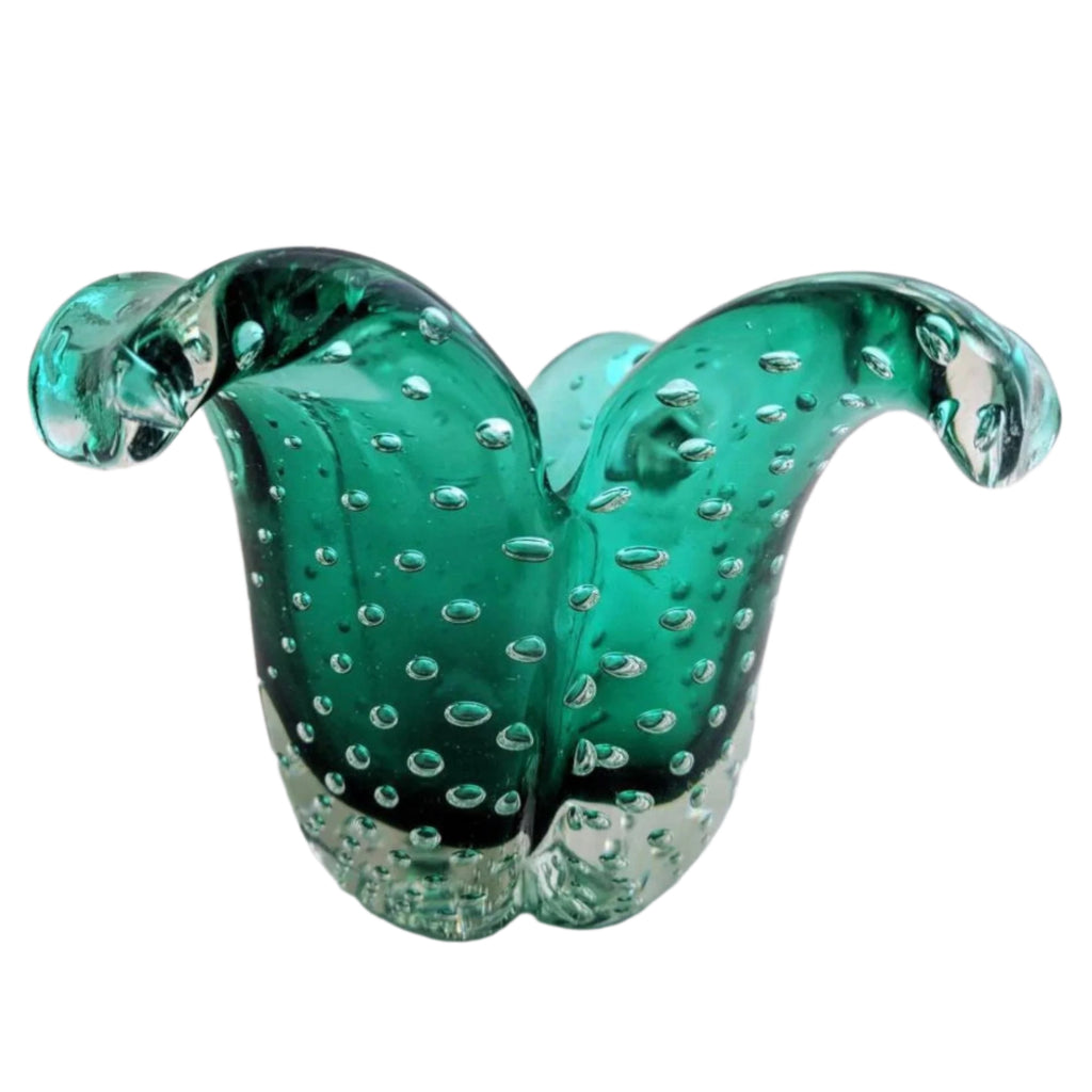Emerald green Murano vase with controlled bubbles, vintage Italian art glass piece