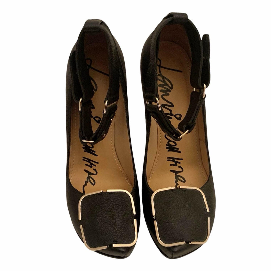 Lanvin black leather stiletto heels, snap closure ankle strap, size 39, made in Italy