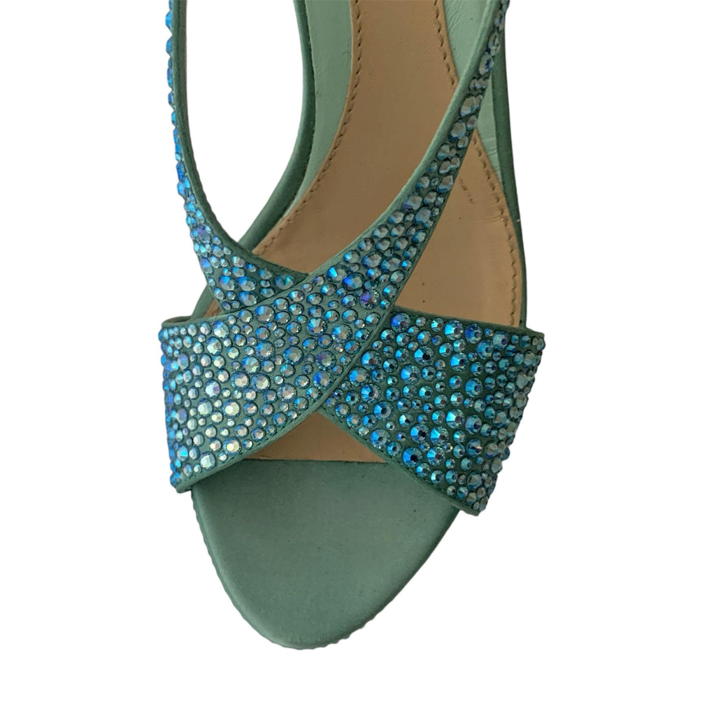 Gently used Gucci stiletto sandals, suede, satin, and crystals, size 38