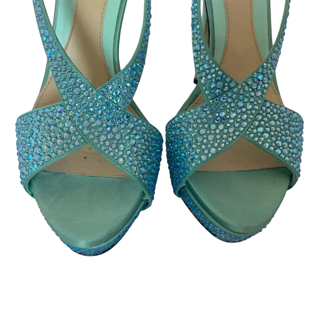 Italian Gucci stiletto heels, aquamarine suede and satin, luxury evening shoes