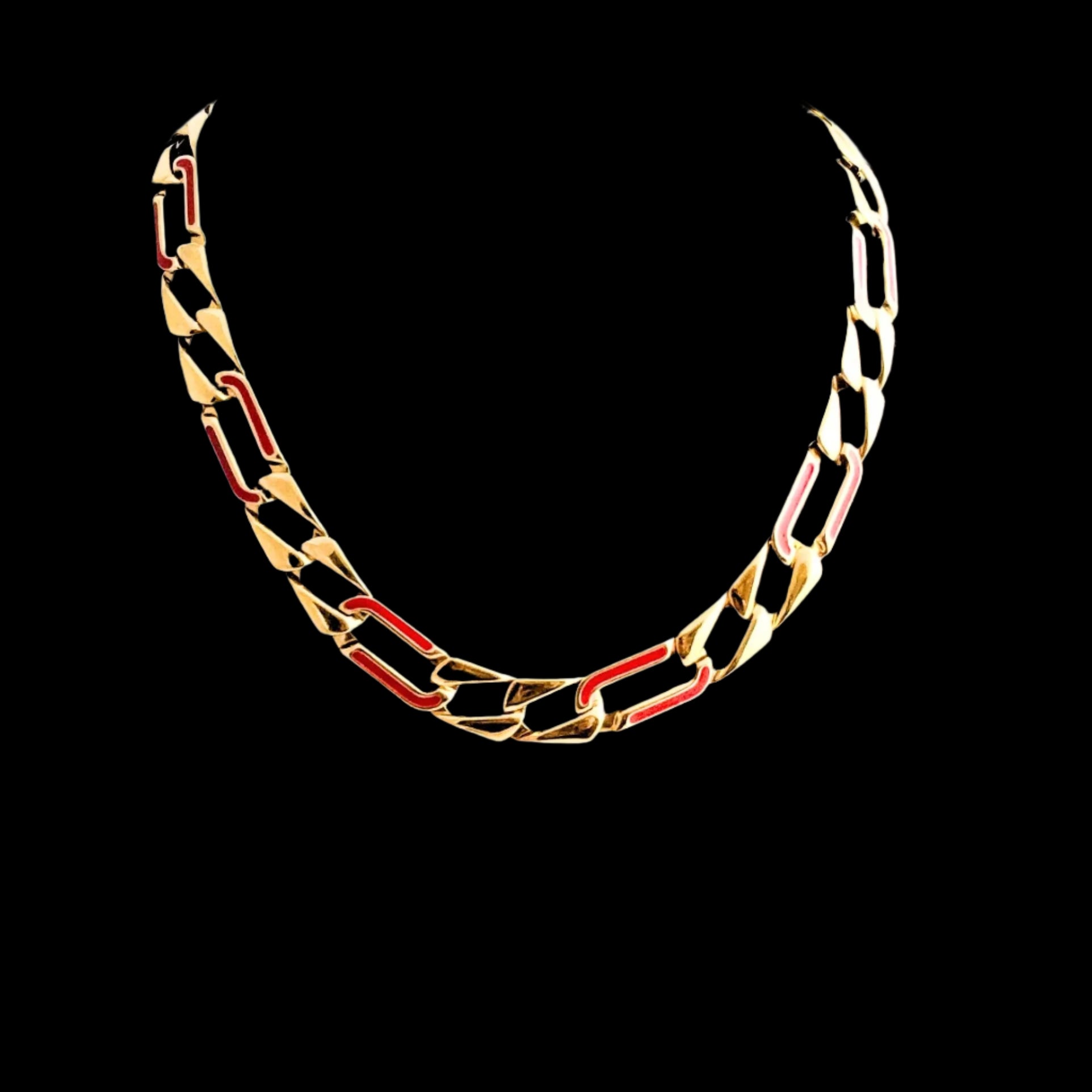 Signed MONET necklace, vintage gold chain with red enamel accents, 54cm long