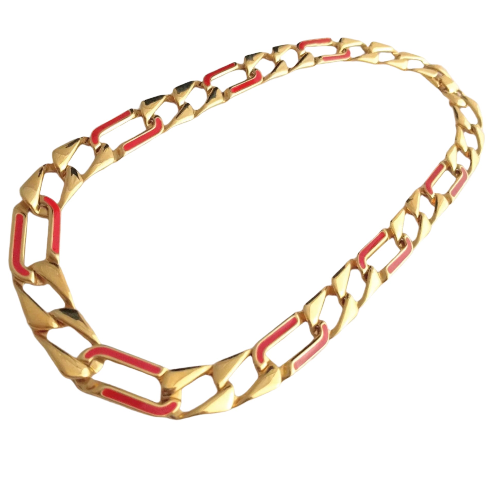 MONET wide chain link necklace, gold-tone with red enamel accents, vintage jewelry