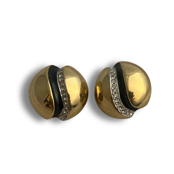 Andre Courreges signed modernist clip-on earrings, black enamel and rhinestones - French fashion designer earrings