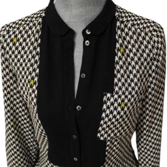 Space Invader houndstooth dress with button closure, navy, black, and white