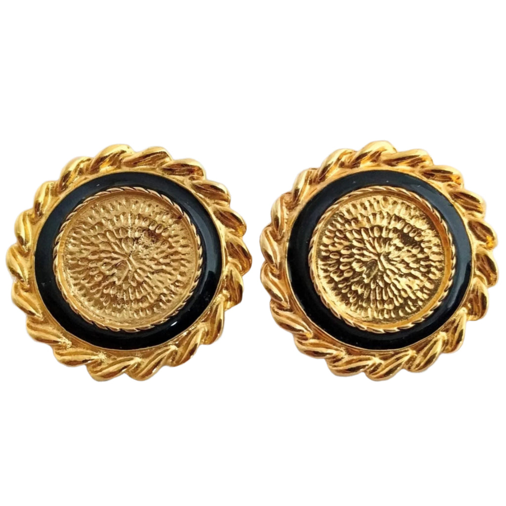 Vintage Park Lane black and gold clip-on earrings, 3 cm diameter, gold-plated finish