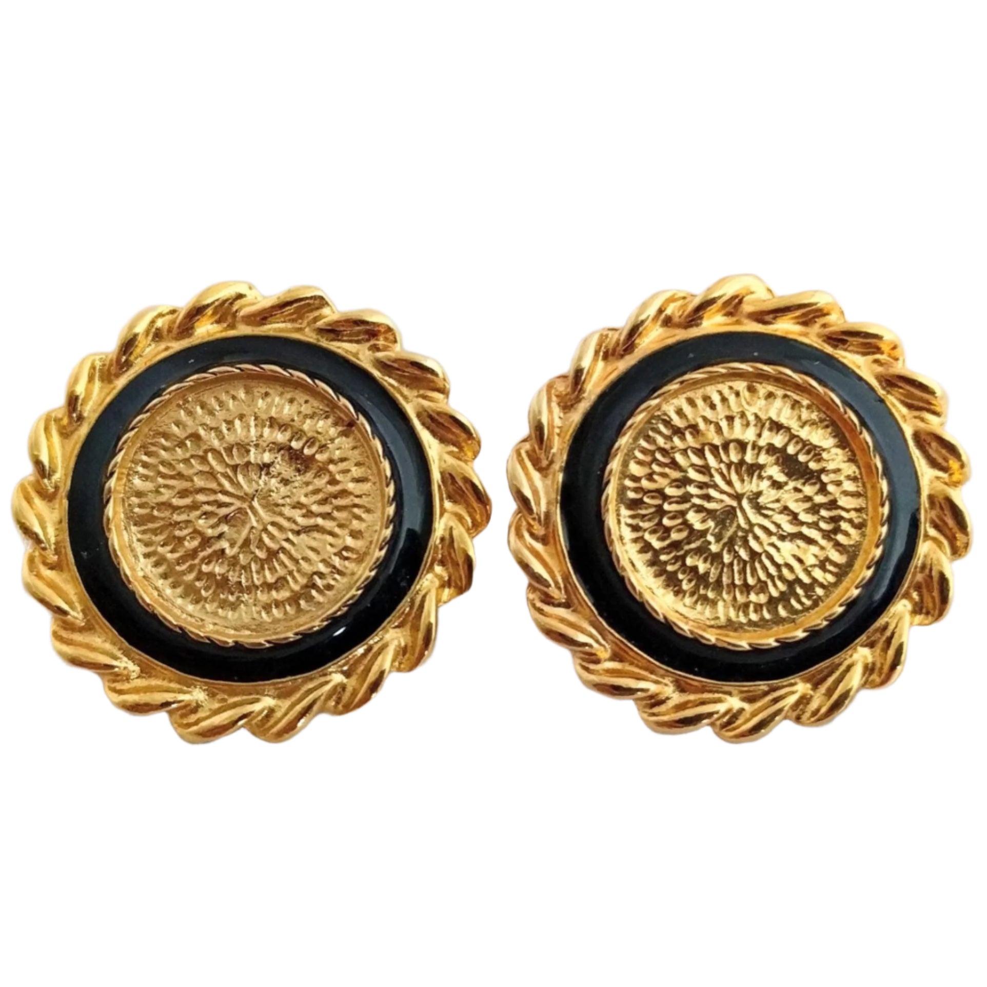 Vintage Park Lane black and gold clip-on earrings, 3 cm diameter, gold-plated finish