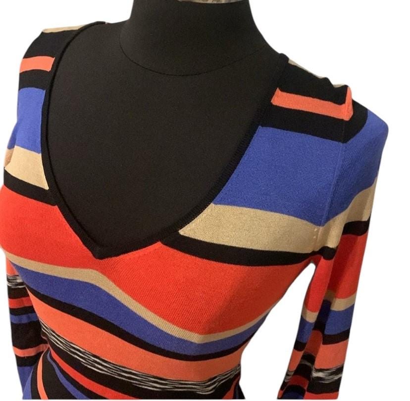 Designer Trina Turk dress in blue, red/coral/pink, and white