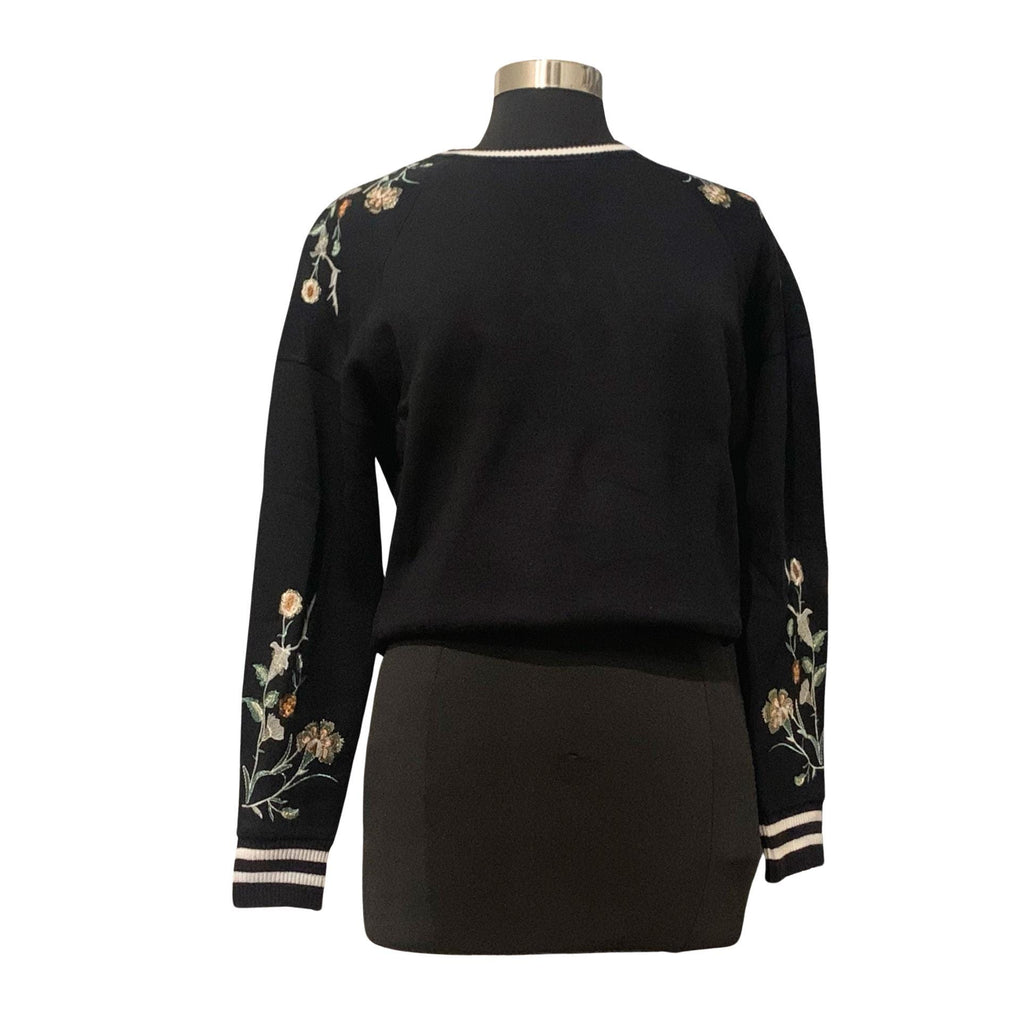 Maje embroidered top, black crew neck with floral print, size small, excellent condition