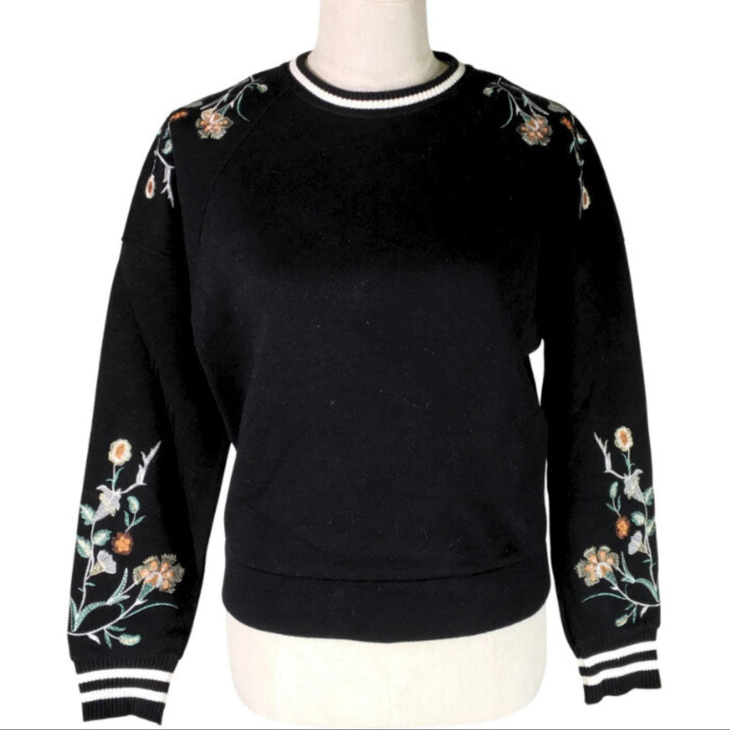 Maje black crew neck top with floral embroidery, size S, cotton/viscose blend, casual chic