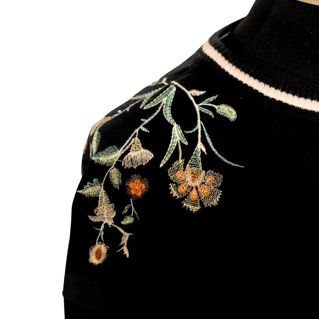 Maje embroidered floral top, casual black crew neck, size S, ribbed cuffs and hem