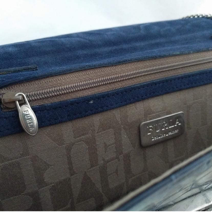 Furla clutch purse, 12 x 5 x 2 inches, blue leather, croc-embossed with removable strap