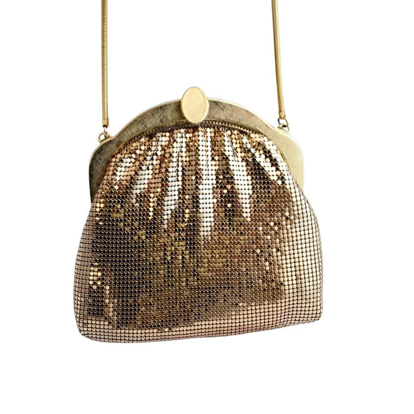 Vintage 1970s Gold Chainmail Purse – Small Gold Mesh Crossbody Shoulder Bag, Glam Retro Evening Bag