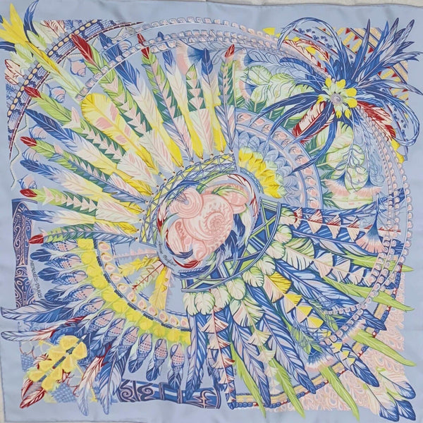 Hermès Danse Pacifique silk scarf, 90cm square, light blue, designed by Laurence Bourthoumieux