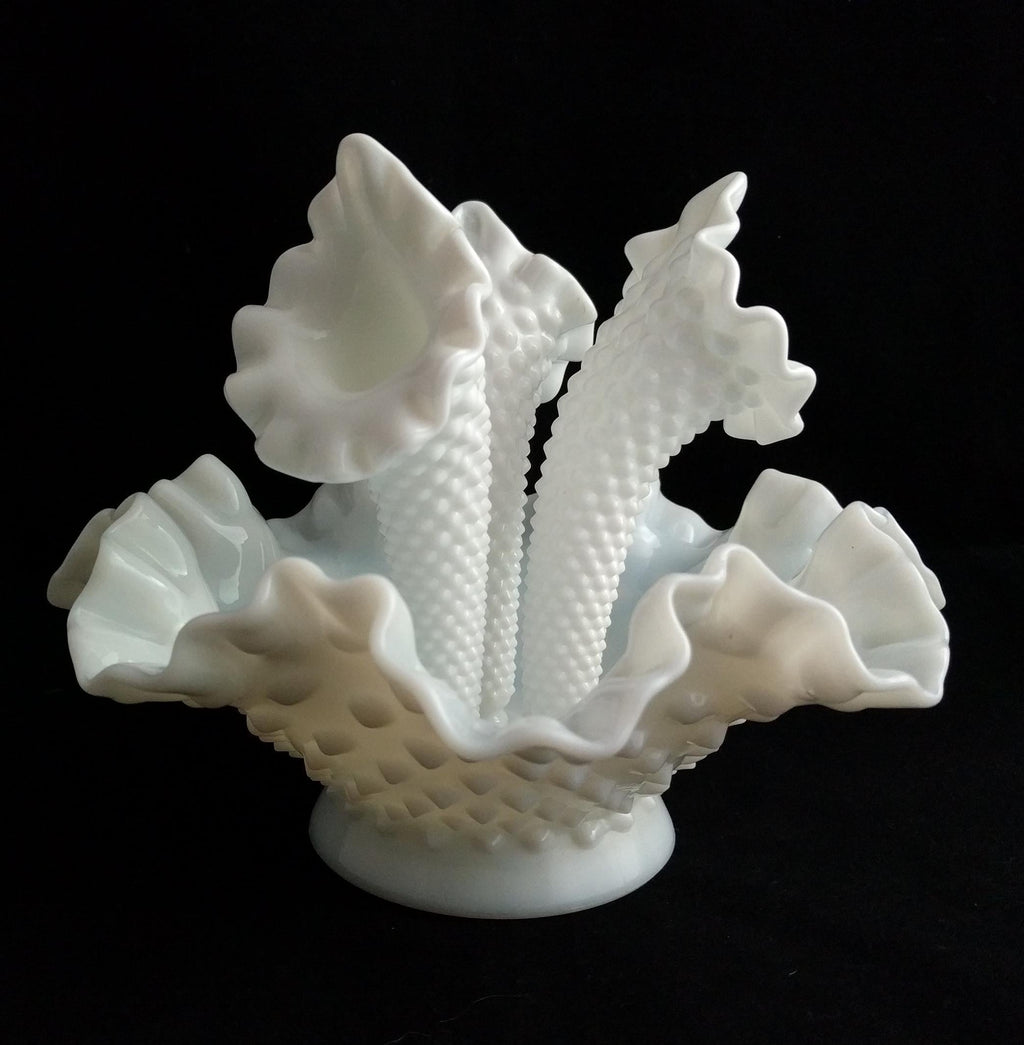 Vintage Fenton milk glass hobnail epergne vase with three horns and ruffled edge - Fenton Art Glass collectible