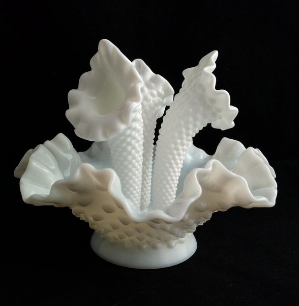 Vintage Fenton milk glass hobnail epergne vase with three horns and ruffled edge - Fenton Art Glass collectible