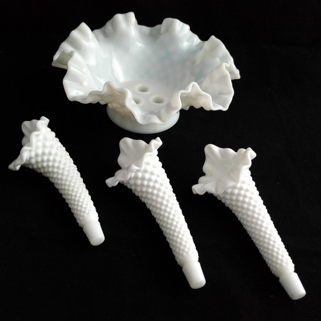 Fenton Art Glass milk glass vase, three-horn design, ruffled crumpled edge - Mid-century milk glass vase