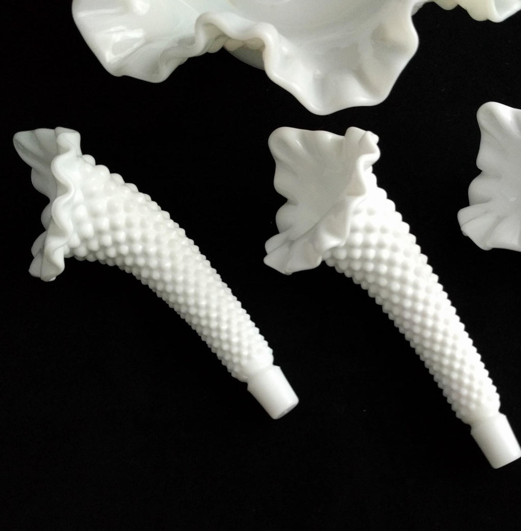 Fenton hobnail milk glass centerpiece vase, 6 1/4 x 8 1/2 inches, vintage decor - White milk glass vase with ruffled edge