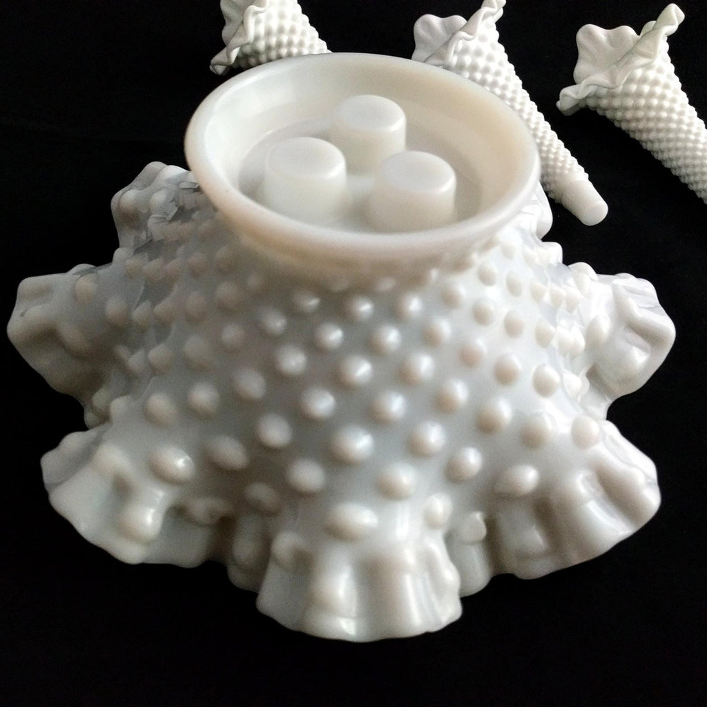 Iconic mid-century Fenton milk glass epergne, hobnail pattern, white finish - American art glass hobnail vase