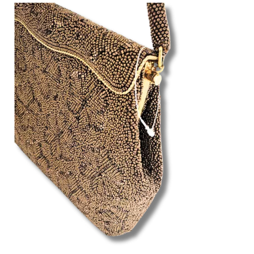 Vintage 1940s Beaded Evening Bag – Floral Design, Micro Glass Beads, Gold Clasp, Scalloped Frame