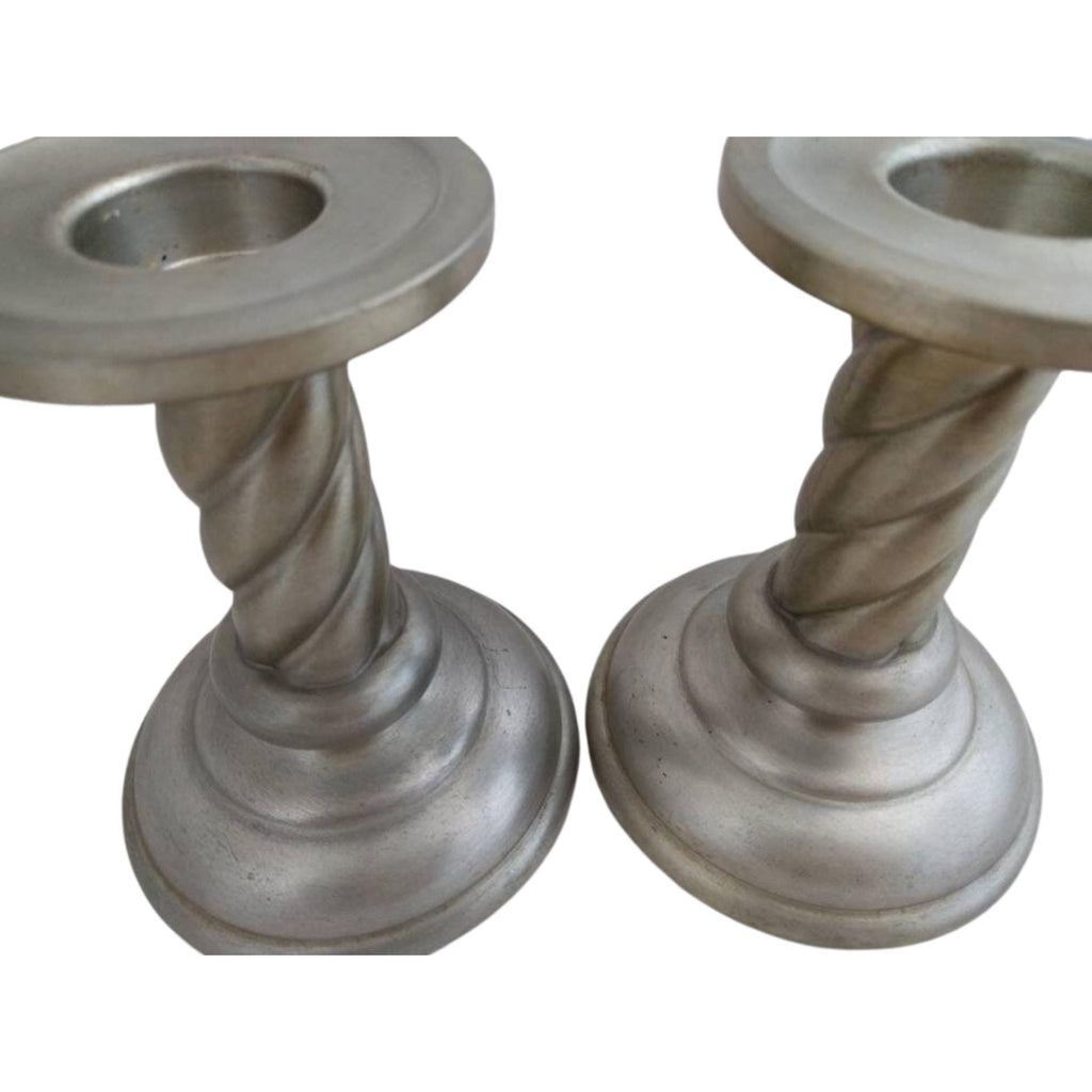 Savo Tinn candle holders, mid-century Scandinavian pewter candlesticks, 5 inches wide