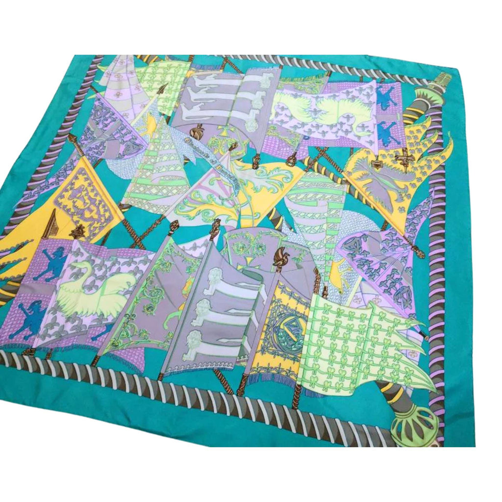 Rare vintage Hermès silk scarf by Annie Faivre, 1984 Étendards et Bannières, collectible luxury