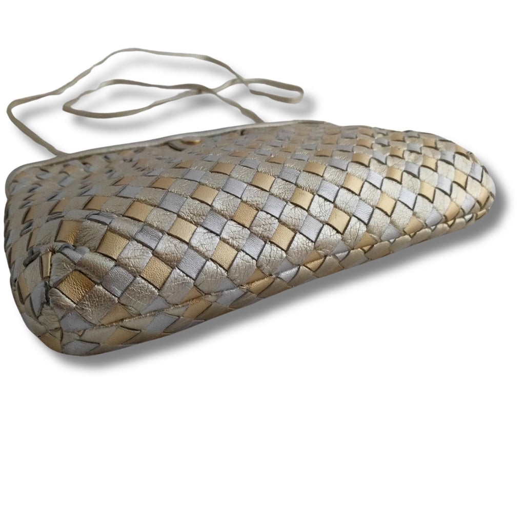 Rare 1980s designer Morris Moskowitz metallic leather handbag, convertible clutch