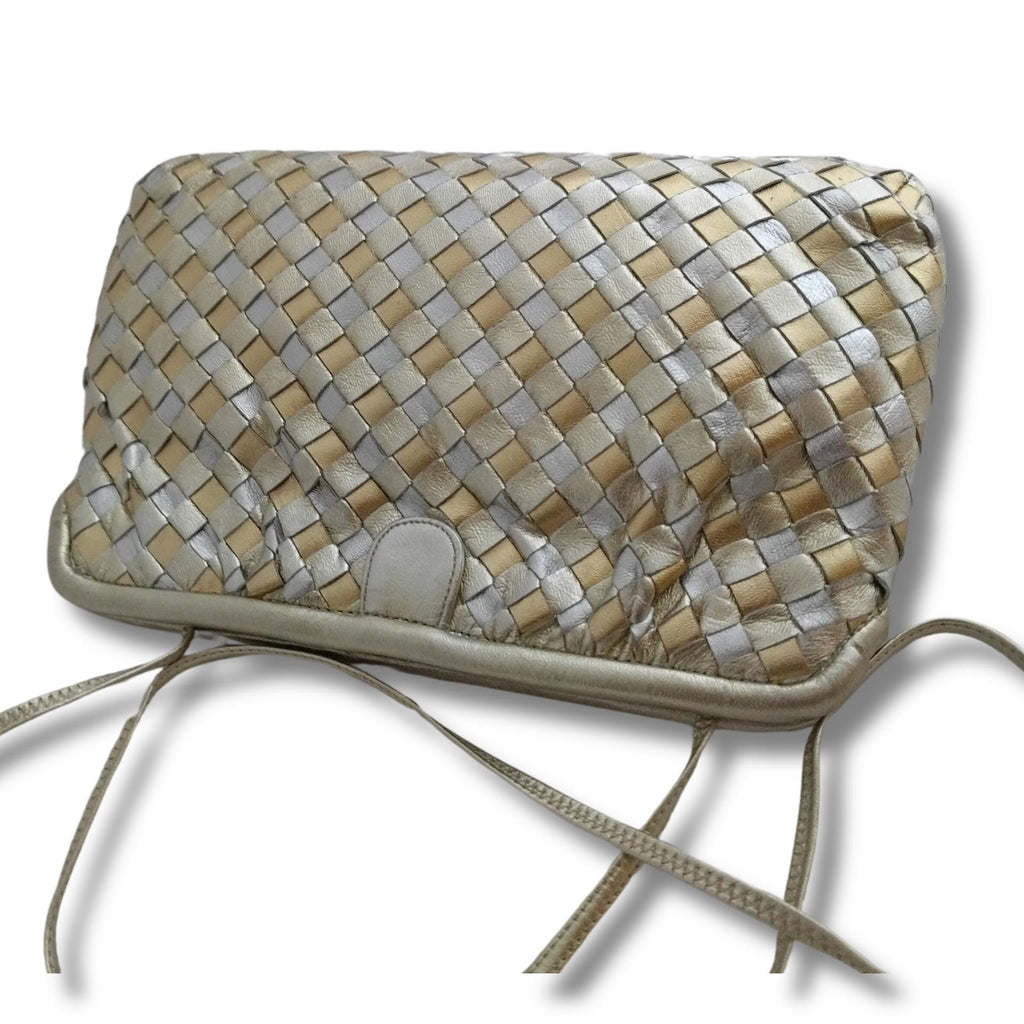 Small retro evening bag, metallic woven leather purse with adjustable strap - Collectible vintage Morris Moskowitz handbag, elegant and timeless design