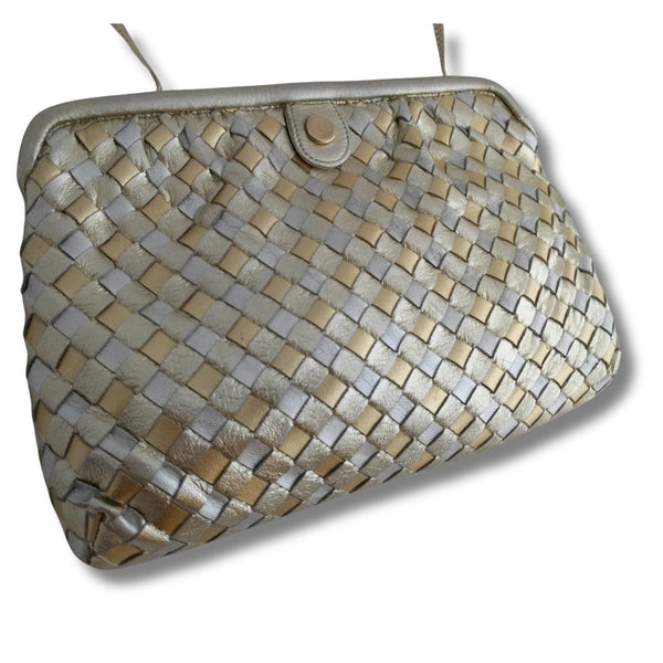 Morris Moskowitz Metallic Leather Woven Shoulder Bag 80s Small Crossbody Clutch, Silver & Gold, Pop-Open Frame, High-Quality Design