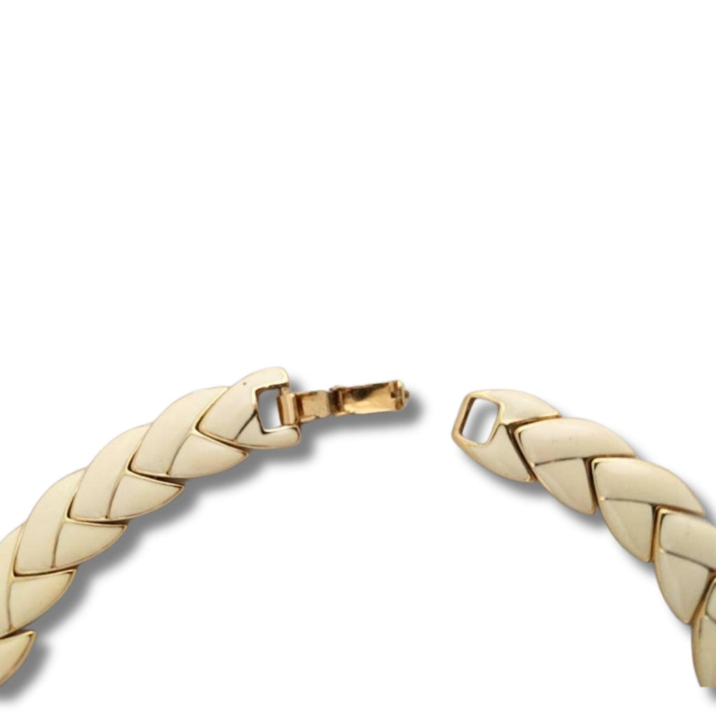 Vintage Oscar de la Renta Necklace and Earrings Set – 1980s Cream Enamel & Gold-Plated, Signed Designer Jewelry, 16" Necklace, Elegant 2Piec