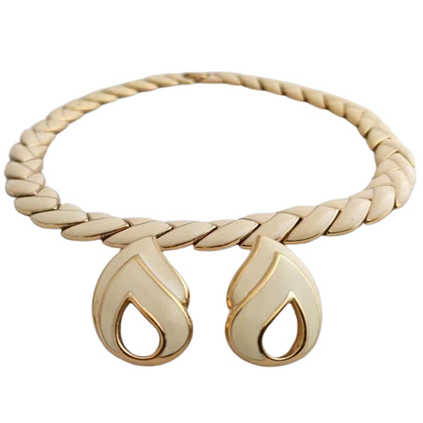 Oscar de la Renta Necklace and Earrings Set – 1980s Cream Enamel & Gold-Plated, Signed Designer Jewelry, 16" Necklace, Elegant 2Piec