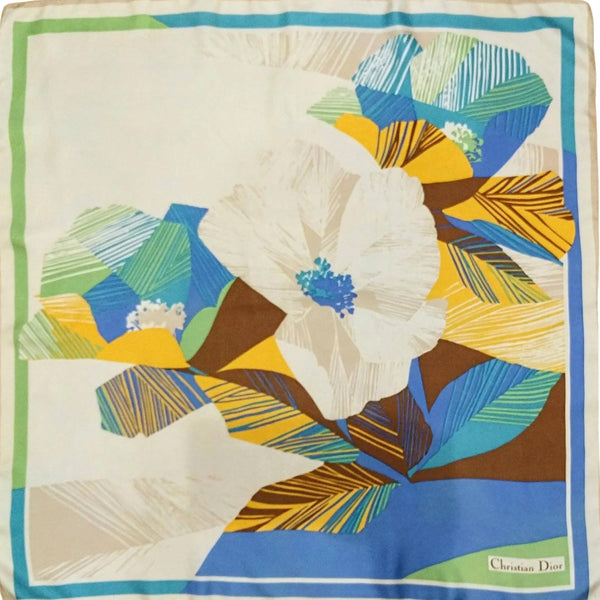 Christian Dior Vintage Silk Scarf – 1980s Floral Square Scarf, Blue & Cream Headscarf, Luxury Gift for Her