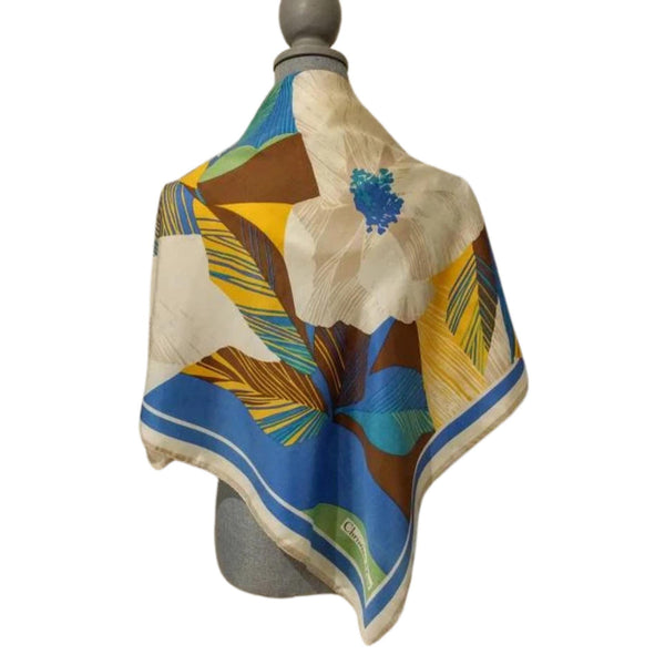 Christian Dior Vintage Silk Scarf – 1980s Floral Square Scarf, Blue & Cream Headscarf, Luxury Gift for Her