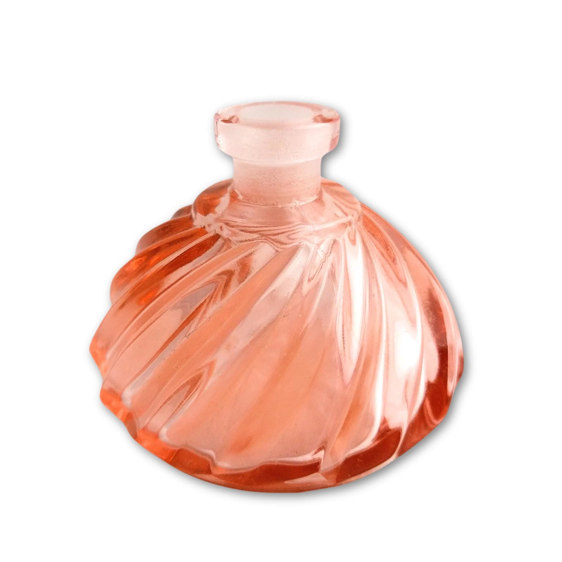 Mid-century art glass perfume bottle, pink glass with stopper, vintage - Feather stopper perfume bottle