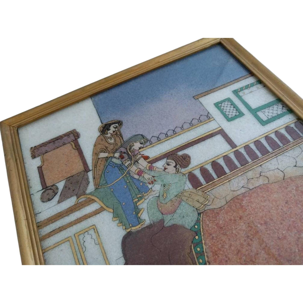 Indian gemstone painting, decorative art with real gemstones, framed and ready to display - Decorative gemstone wall art