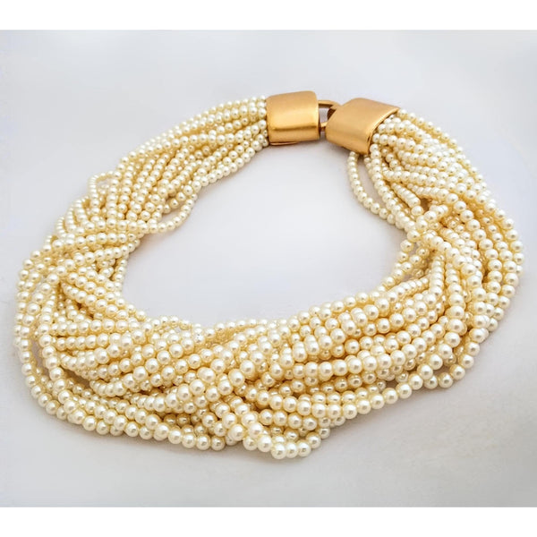 Carolee Tressed Faux Pearl Necklace – 20-Strand Twisted Pearl Choker, Retro Bib Necklace, 17" Length, Gold-Plated Clasp