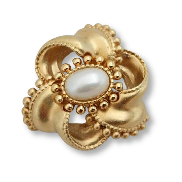 DKNY Brooch - Beautiful Golden Flower Designer Pin with Faux Pearl - Unique Runway Jewelry Gift for Women